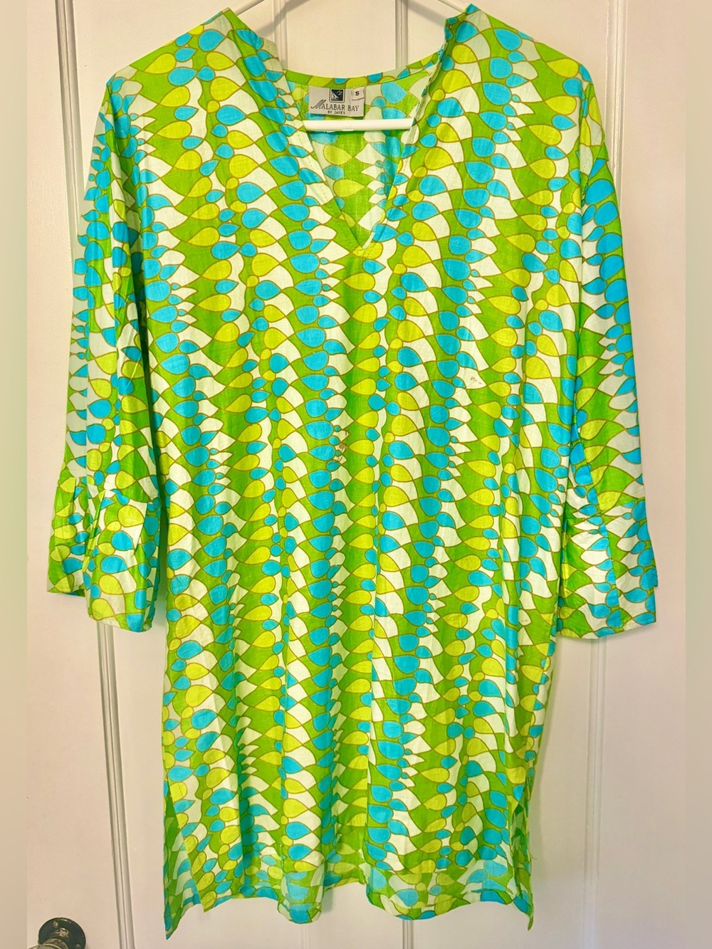 True Vintage 90s Malabar Bay Women’s Small Tunic Top in Lime & Aqua Hippie Mod